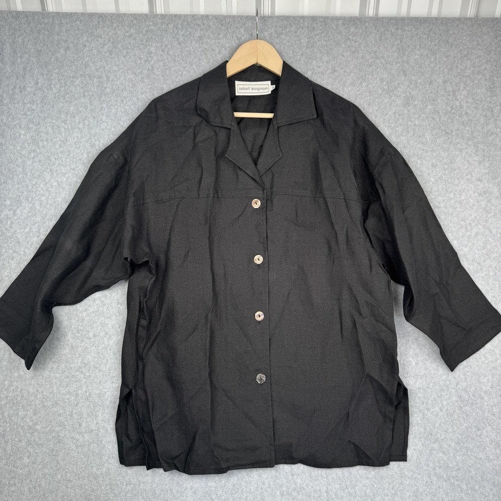 Robert Krugman Top Womens Small Black 100% Linen Oversized Button Lagenlook USA